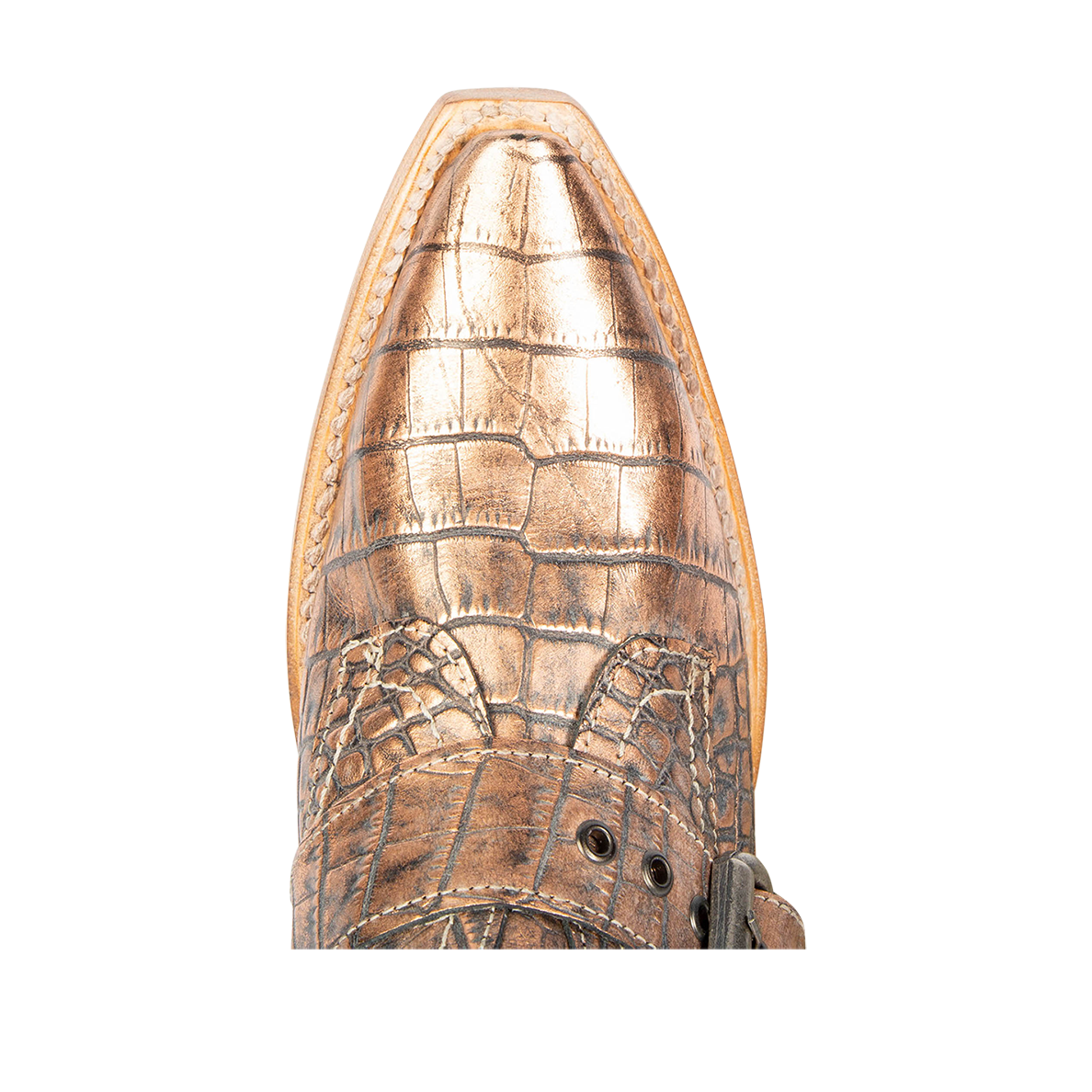 Top view showing snip toe on FREEBIRD women's Mayhem blush croco western ankle bootie