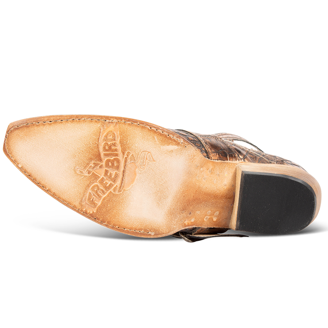 Leather sole imprinted with FREEBIRD on women's Mayhem blush croco westen ankle bootie