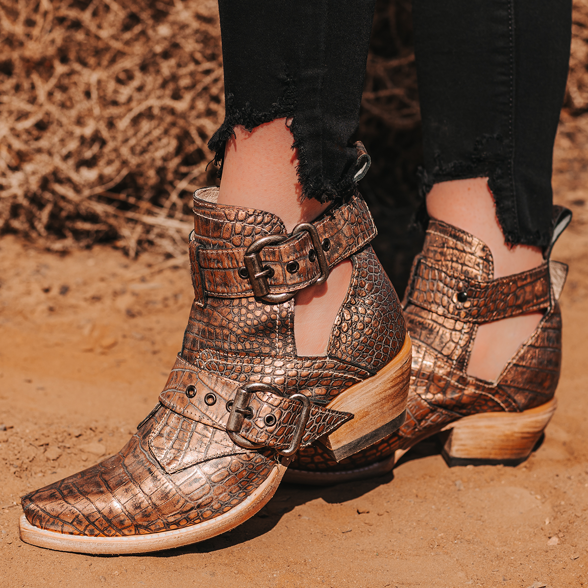 FREEBIRD women's Mayhem blush croco western ankle bootie with exposed sides, adjustable metal buckles, and snip toe