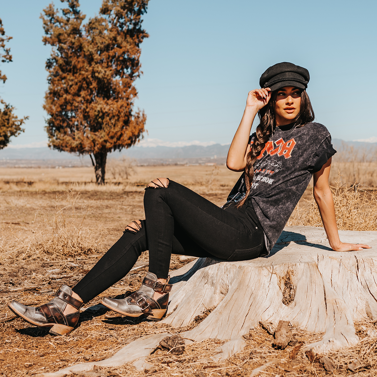 FREEBIRD women's Mayhem ice multi western ankle bootie with exposed sides, adjustable metal buckles, and snip toe