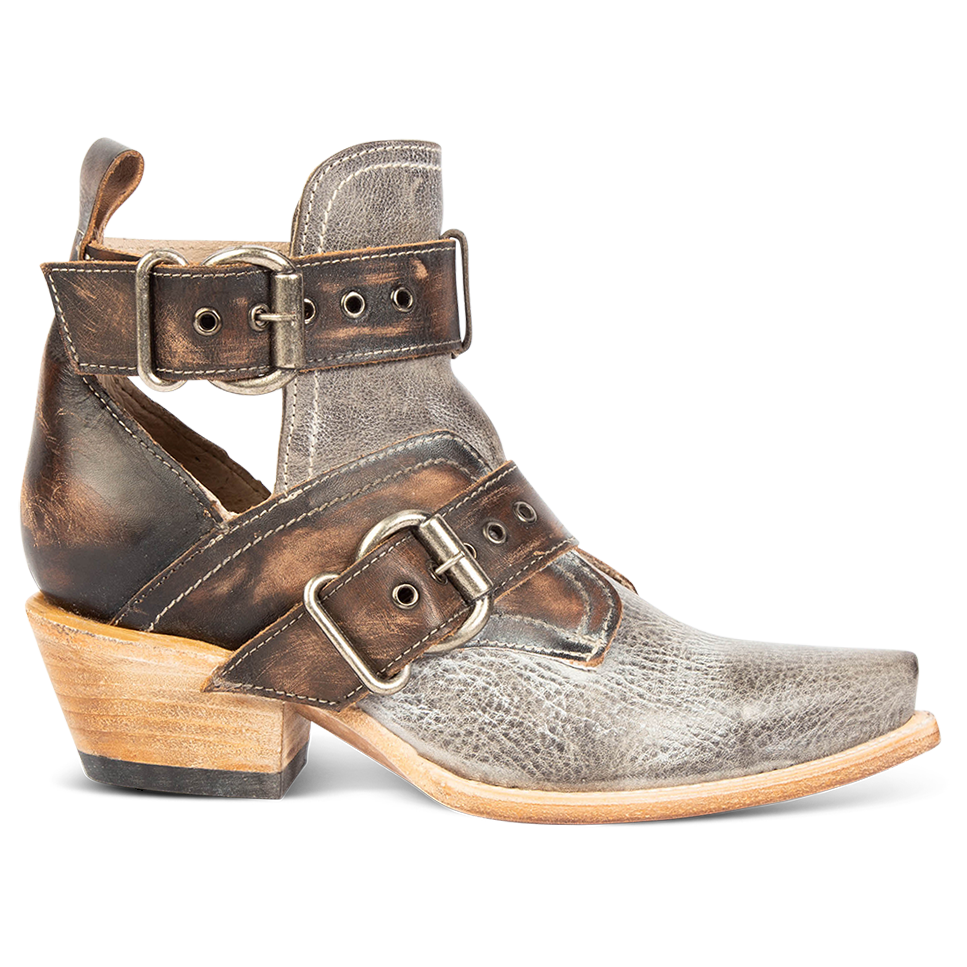 FREEBIRD women's Mayhem ice multi western ankle bootie with exposed sides, adjustable metal buckles, and snip toe