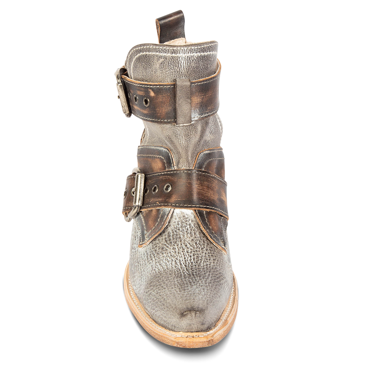 Front view showing adjustable buckle straps and snip toe on FREEBIRD women's Mayhem ice multi western ankle bootie