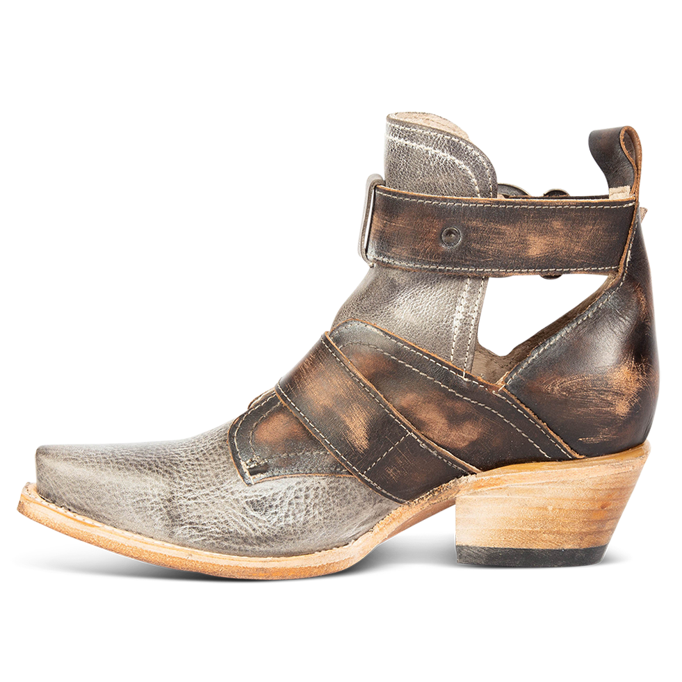 Inside view showing open cut outs on FREEBIRD women's Mayhem ice multi western snip toe ankle bootie