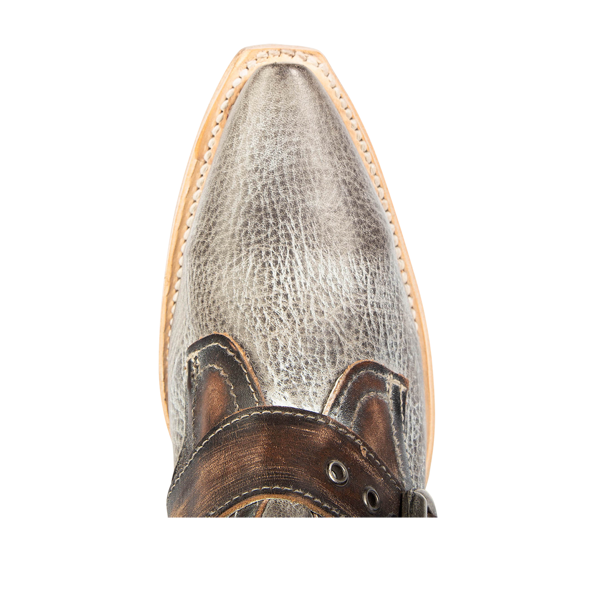 Top view showing snip toe on FREEBIRD women's Mayhem ice multi western ankle bootie