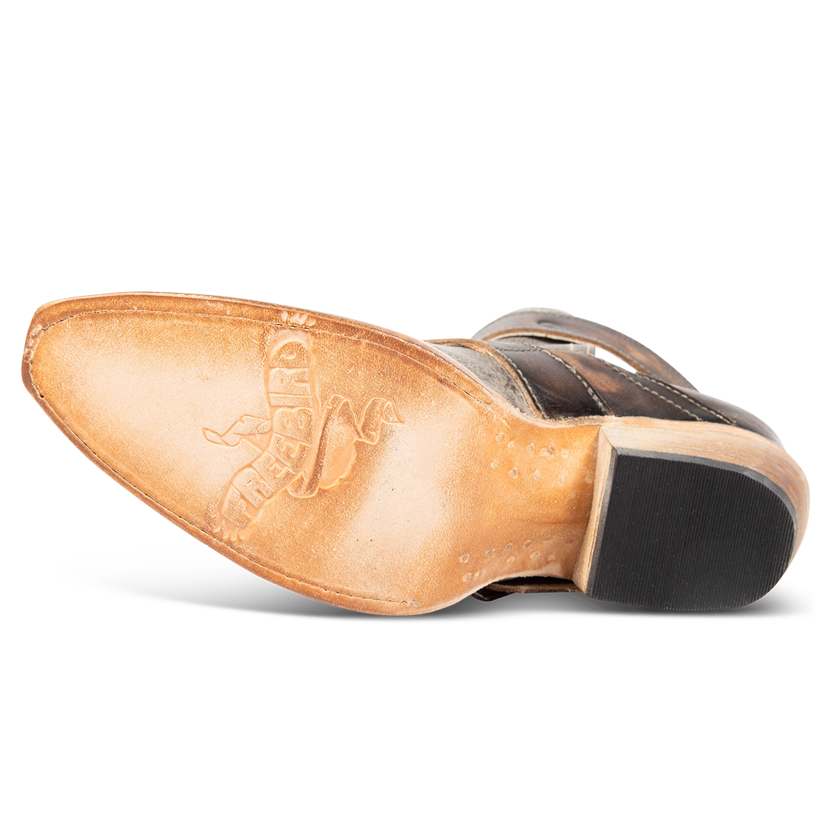 Leather sole imprinted with FREEBIRD on women's Mayhem ice multi westen ankle bootie
