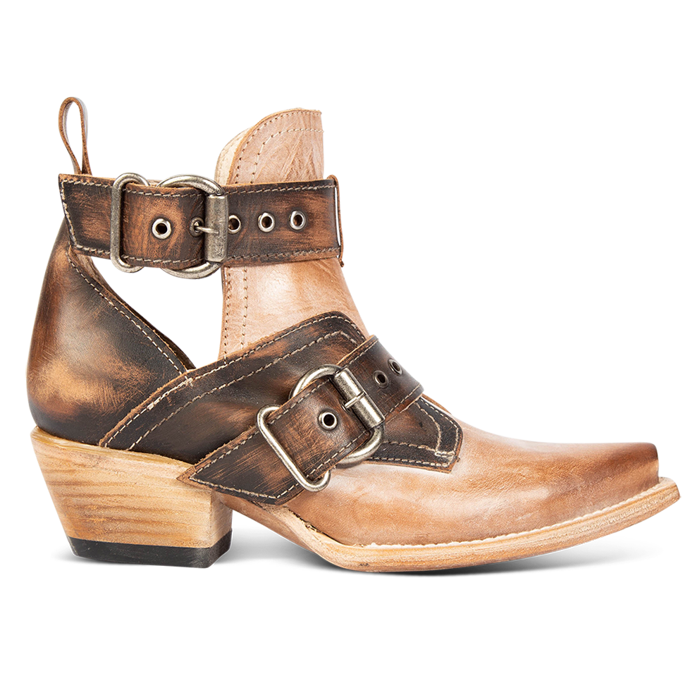 FREEBIRD women's Mayhem taupe multi western ankle bootie with exposed sides, adjustable metal buckles, and snip toe