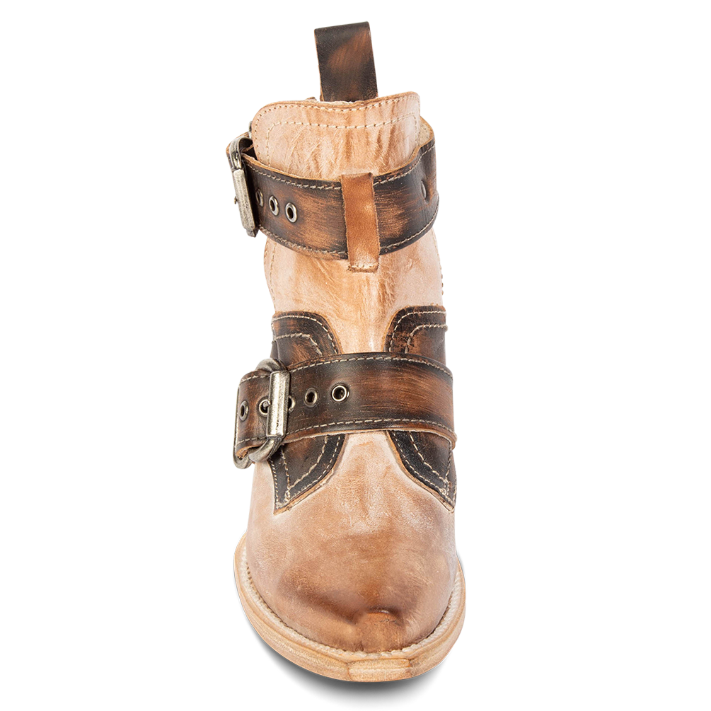 Front view showing adjustable buckle straps and snip toe on FREEBIRD women's Mayhem taupe multi western ankle bootie