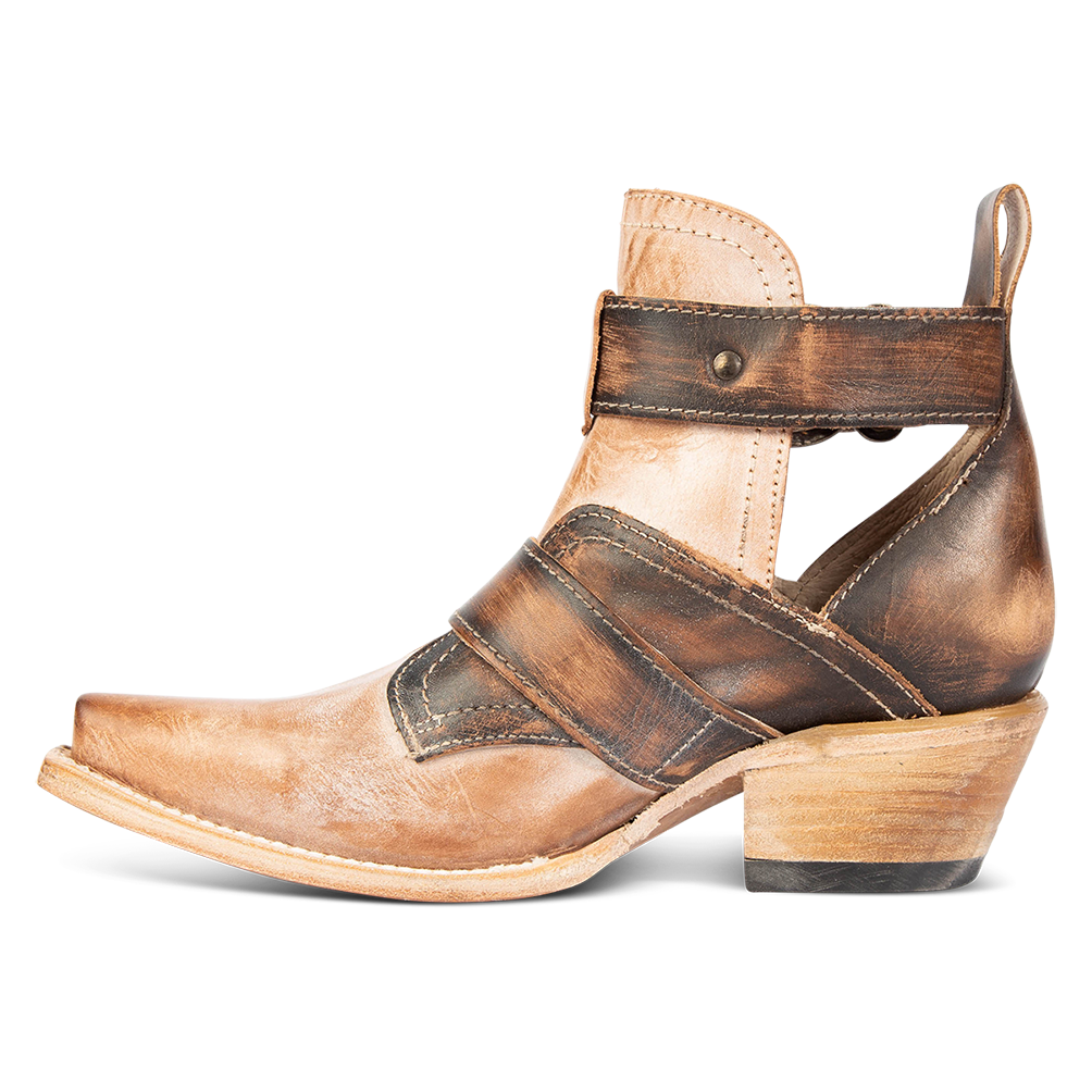 Inside view showing open cut outs on FREEBIRD women's Mayhem taupe multi western snip toe ankle bootie