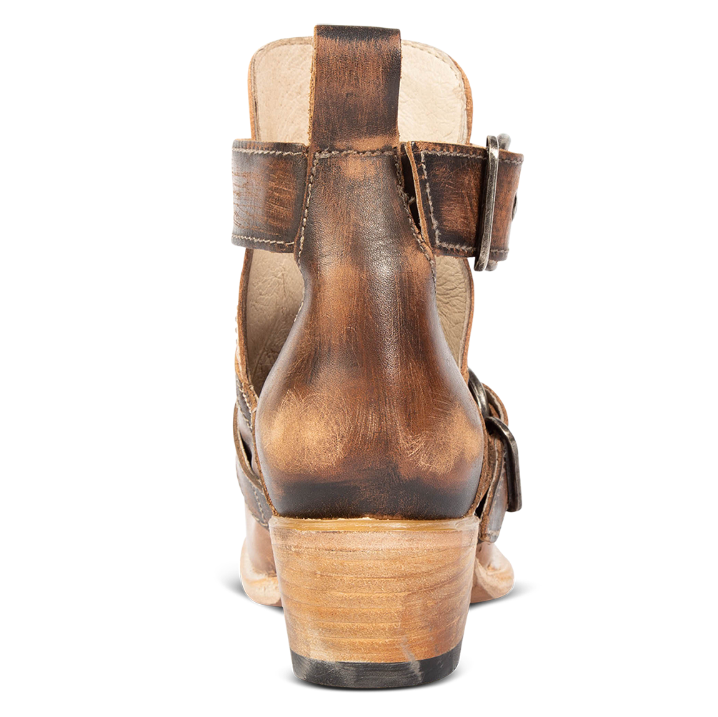 Back view showing pull strap on FREEBIRD women's Mayhem taupe multi western ankle bootie