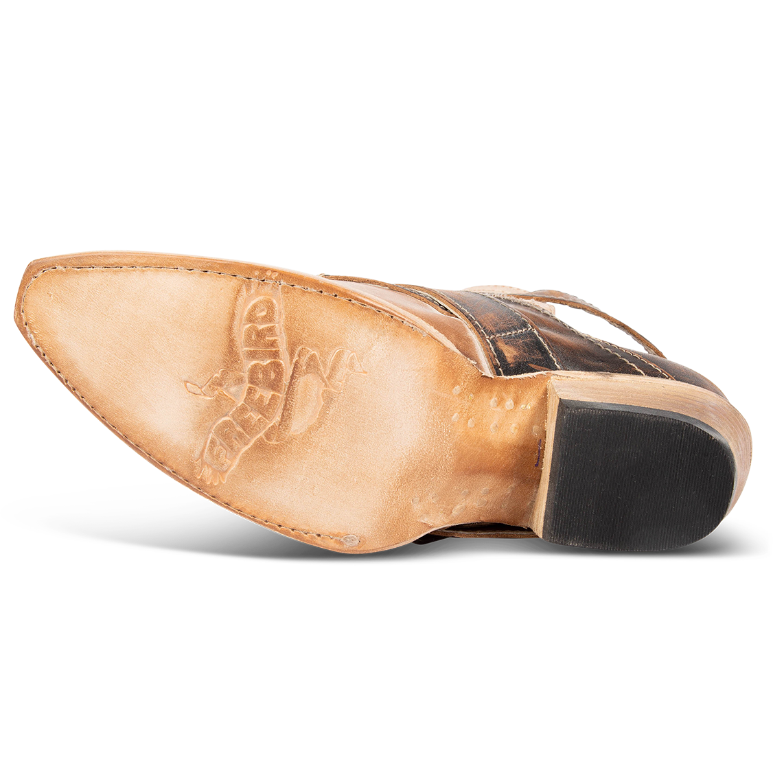 Leather sole imprinted with FREEBIRD on women's Mayhem taupe multi westen ankle bootie