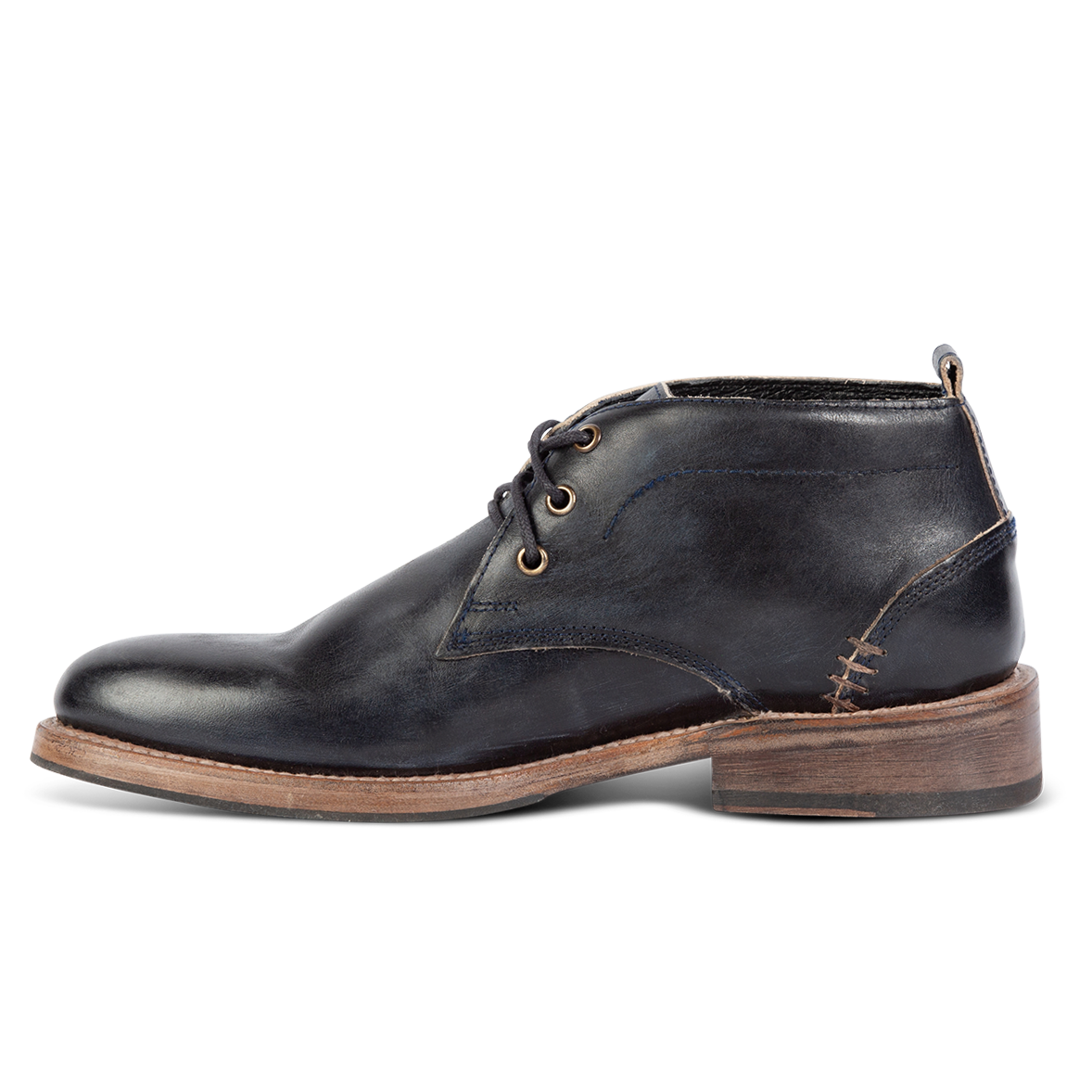 Inside view showing stitch detailing and brass lace hardware on FREEBIRD men's McCoy navy shoe