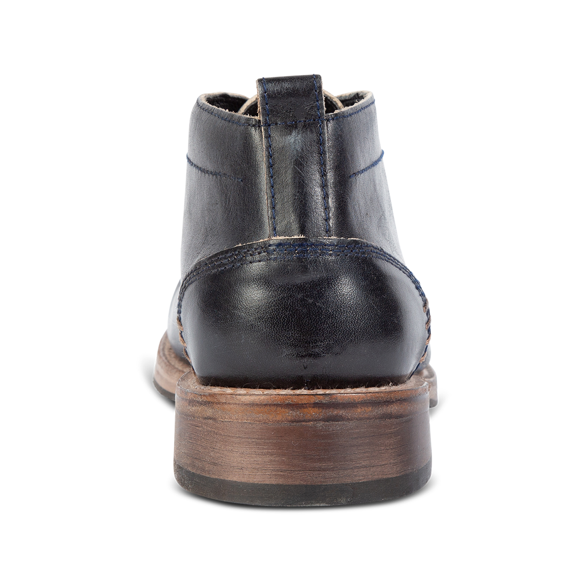 Back view showing leather pull tab and contrasting heel on FREEBIRD men's McCoy navy shoe