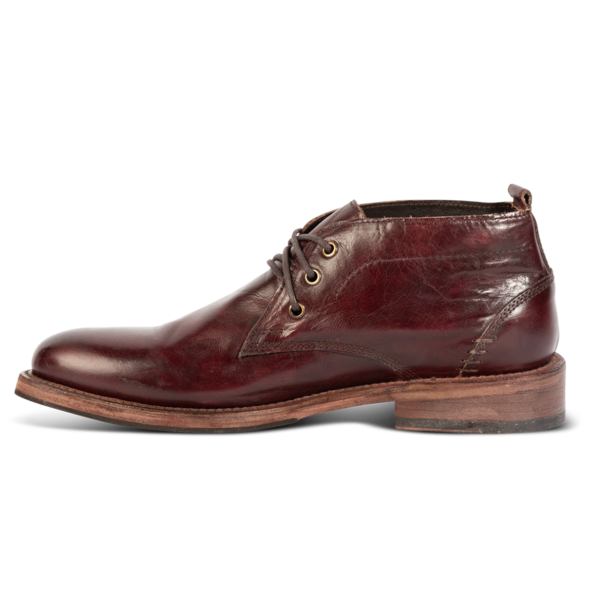 Inside view showing stitch detailing and brass lace hardware on FREEBIRD men's McCoy wine shoe