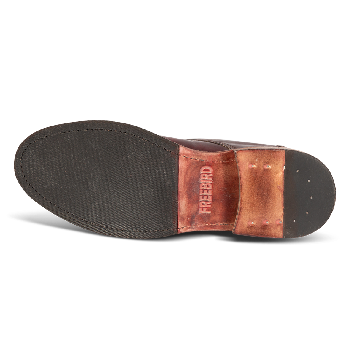 Rubber sole imprinted with FREEBIRD on men's McCoy wine shoe