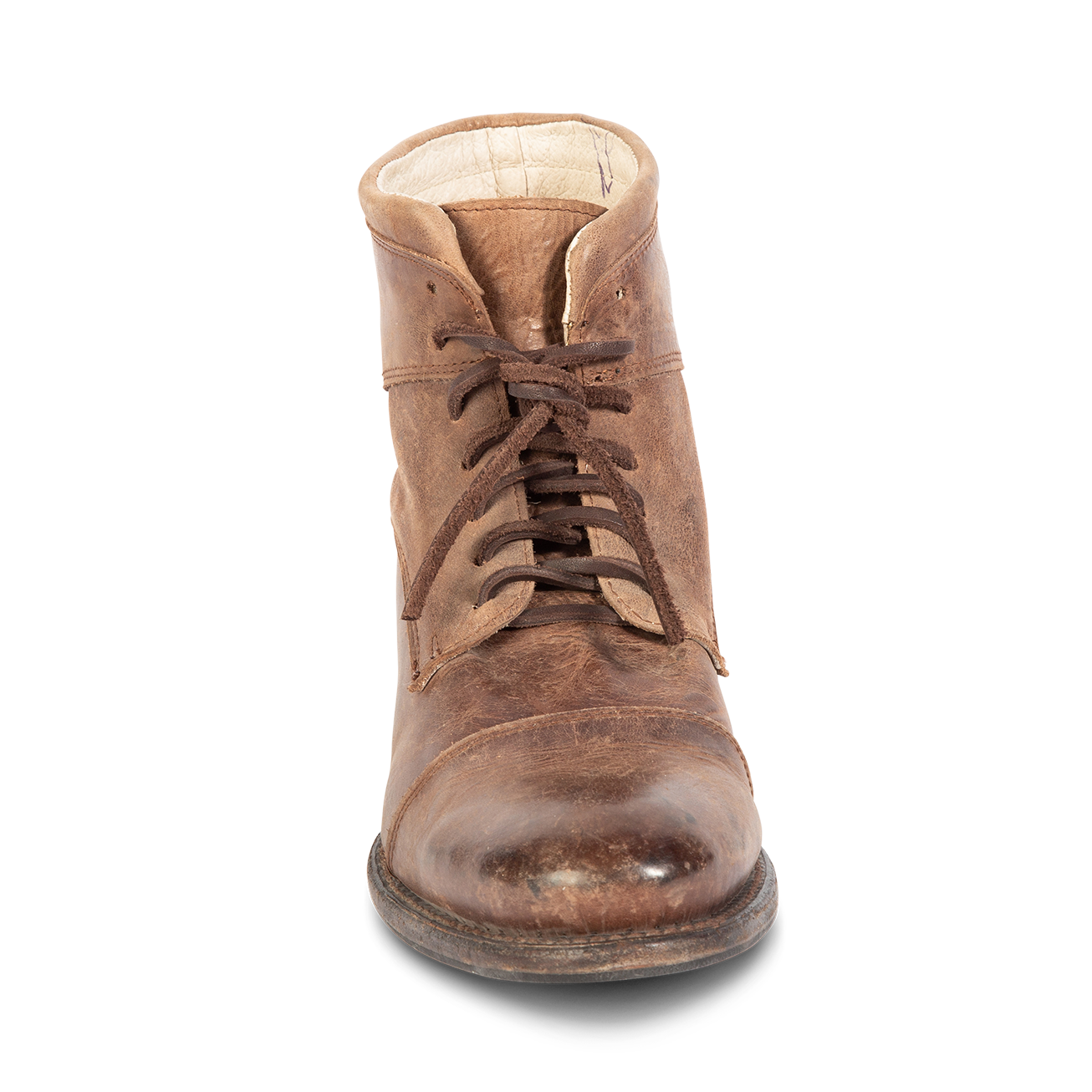 Front view showing adjustable front lacing on FREEBIRD men's Mercr brown shoe