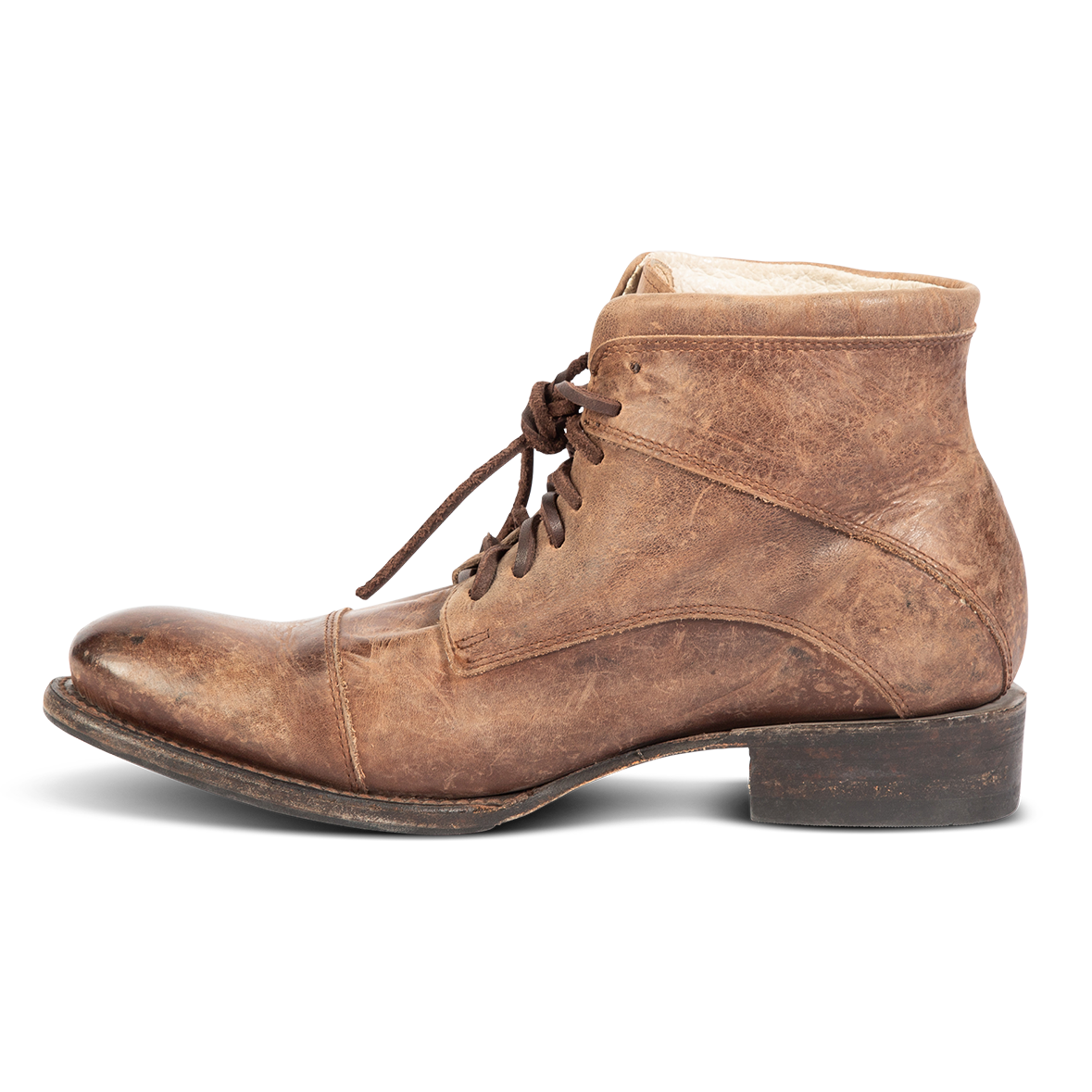 Inside view leather stitch and lace detailing showing on FREEBIRD men's Mercr brown shoe