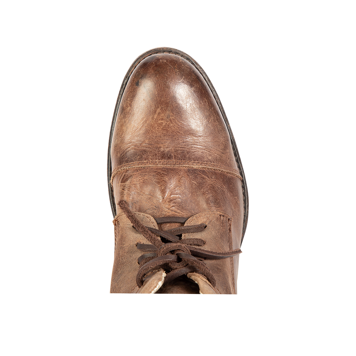 Top view showing almond toe and leather laces on FREEBIRD men's Mercr brown shoe