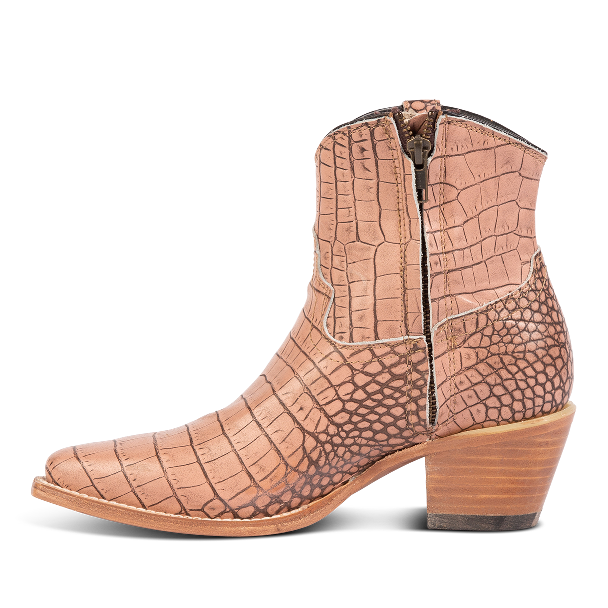 Inside view showing working brass zip closure with red leather pull tab on FREEBIRD women's Miramar blush croco ankle bootie