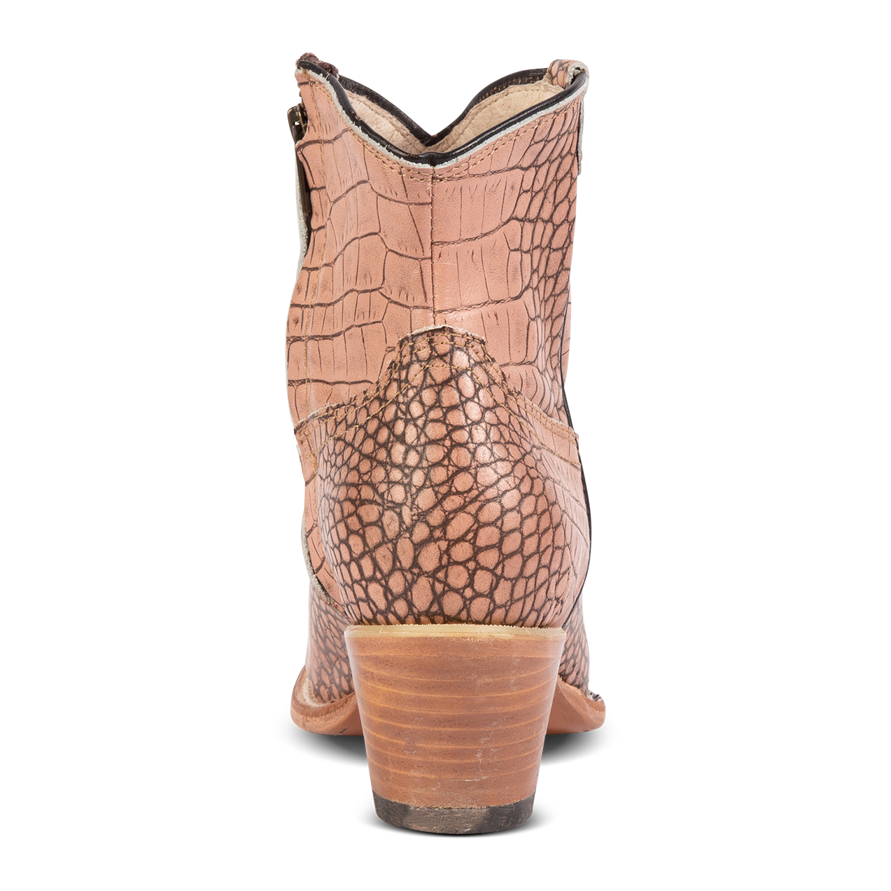 Back view showing low heel and back dip on FREEBIRD women's Miramar blush croco ankle bootie