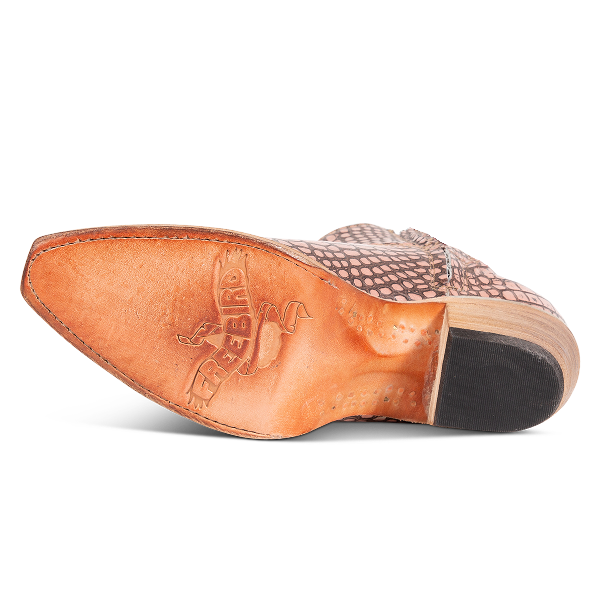 Black leather sole imprinted with FREEBIRD on women's Miramar blush croco ankle bootie
