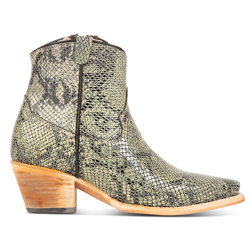 FREEBIRD women's Miramar green snake snip toe ankle bootie with low heel and inside zip closure
