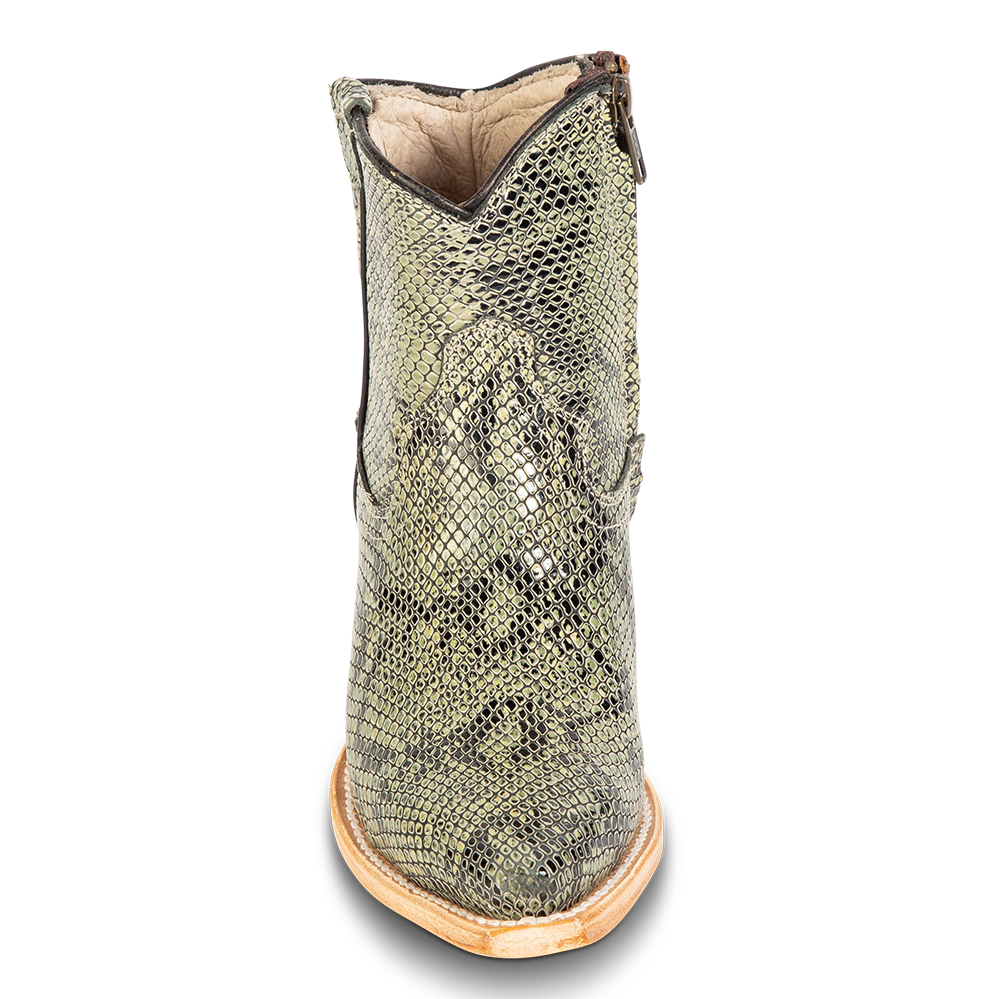 Front view showing front dip and embossed leather construction on FREEBIRD women's Miramar green snake ankle bootie