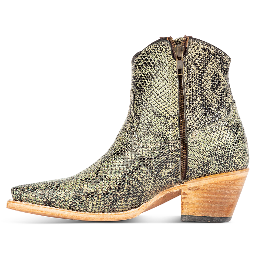 Inside view showing working brass zip closure with red leather pull tab on FREEBIRD women's Miramar green snake ankle bootie