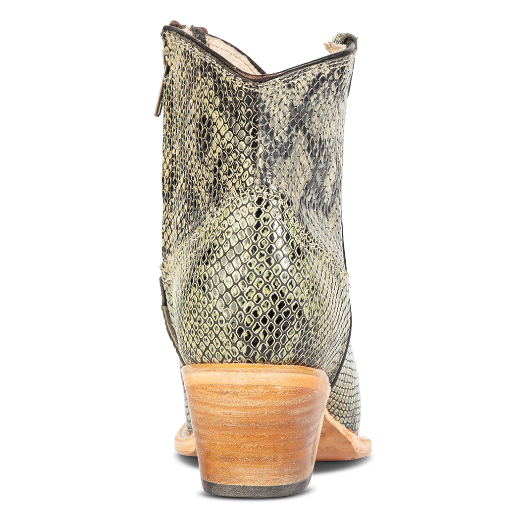 Back view showing low heel and back dip on FREEBIRD women's Miramar green snake ankle bootie