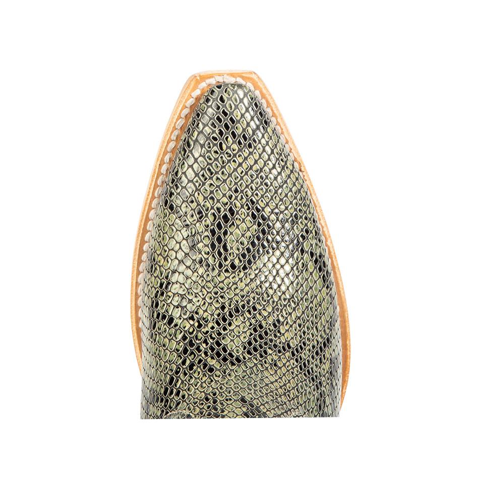Top view showing snip toe and embossed leather on FREEBIRD women's Miramar green snake ankle bootie