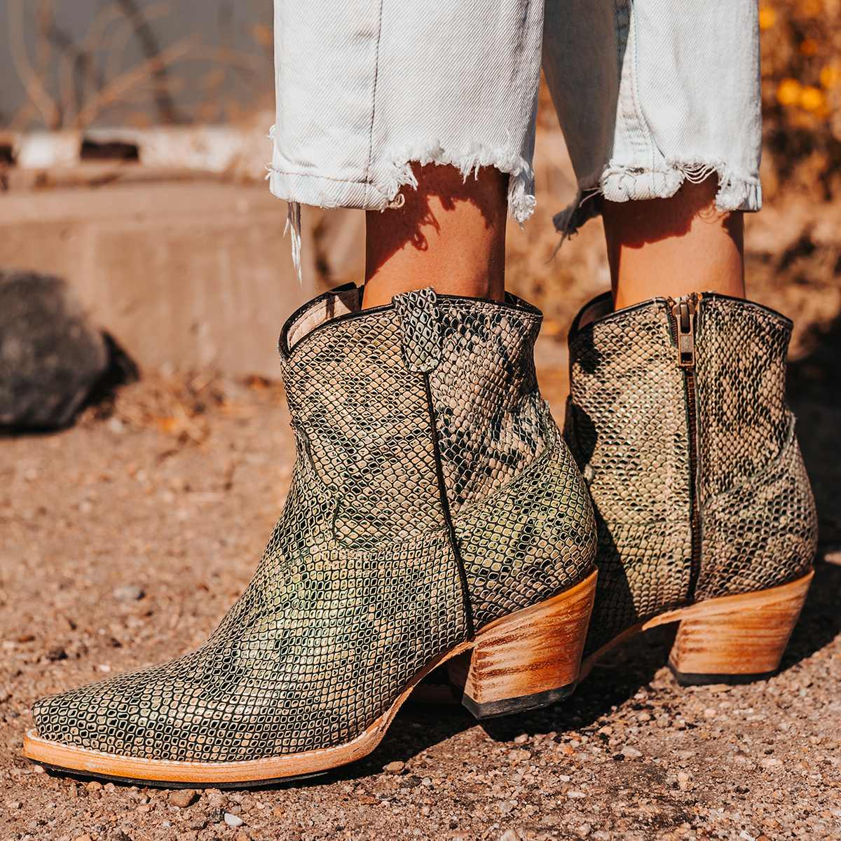 FREEBIRD women's Miramar green snake snip toe ankle bootie with low heel and inside zip closure