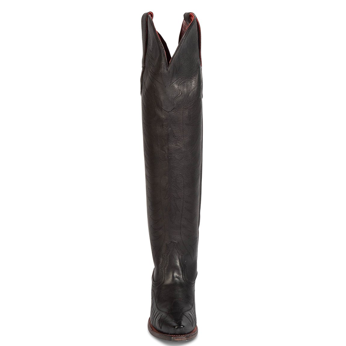 Front view showing tall shaft with stitch detailing and v-dip on FREEBIRD women's Misty black leather tall western boot