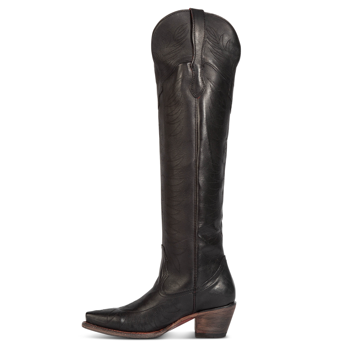 Side view showing western stitch detailing on FREEBIRD women's Misty black leather tall western boot