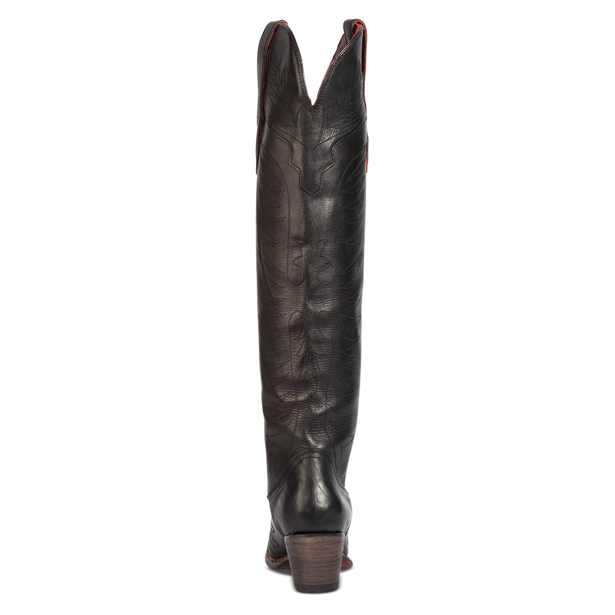 Back view showing v-dip and heel with western stitch detailing on FREEBIRD women's Misty black leather tall western boot