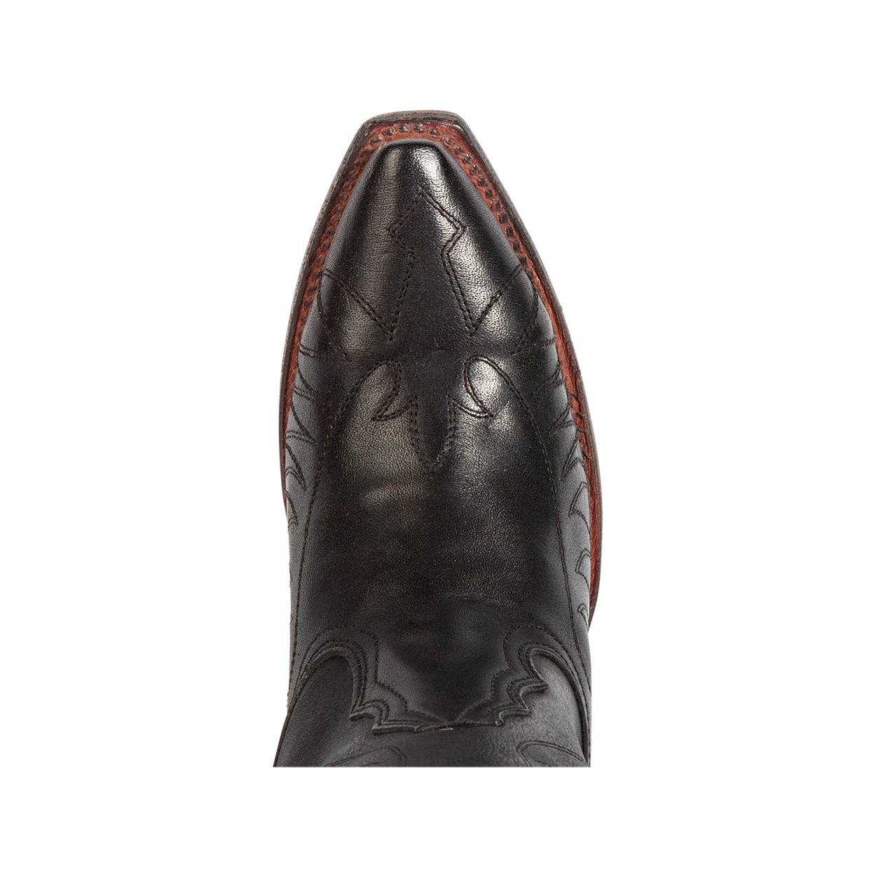 Top view showing snip toe construction with stitch detailing on FREEBIRD women's Misty black leather tall western boot