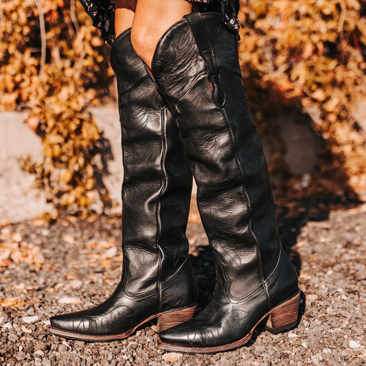 FREEBIRD women's Misty black leather tall boot with western stitch detailing and traditional snip toe construction