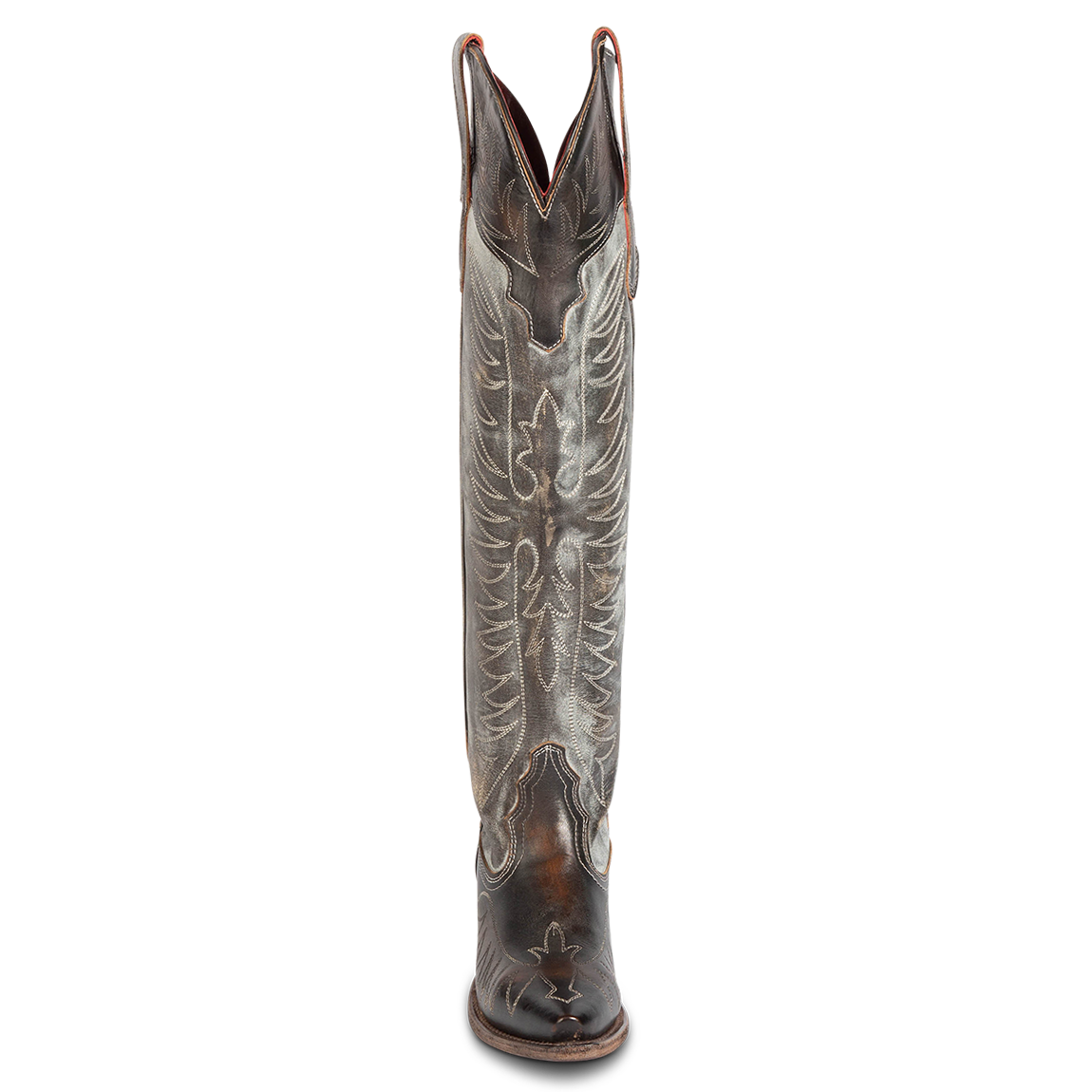 Front view showing tall shaft with stitch detailing and v-dip on FREEBIRD women's Misty ice multi leather tall western boot
