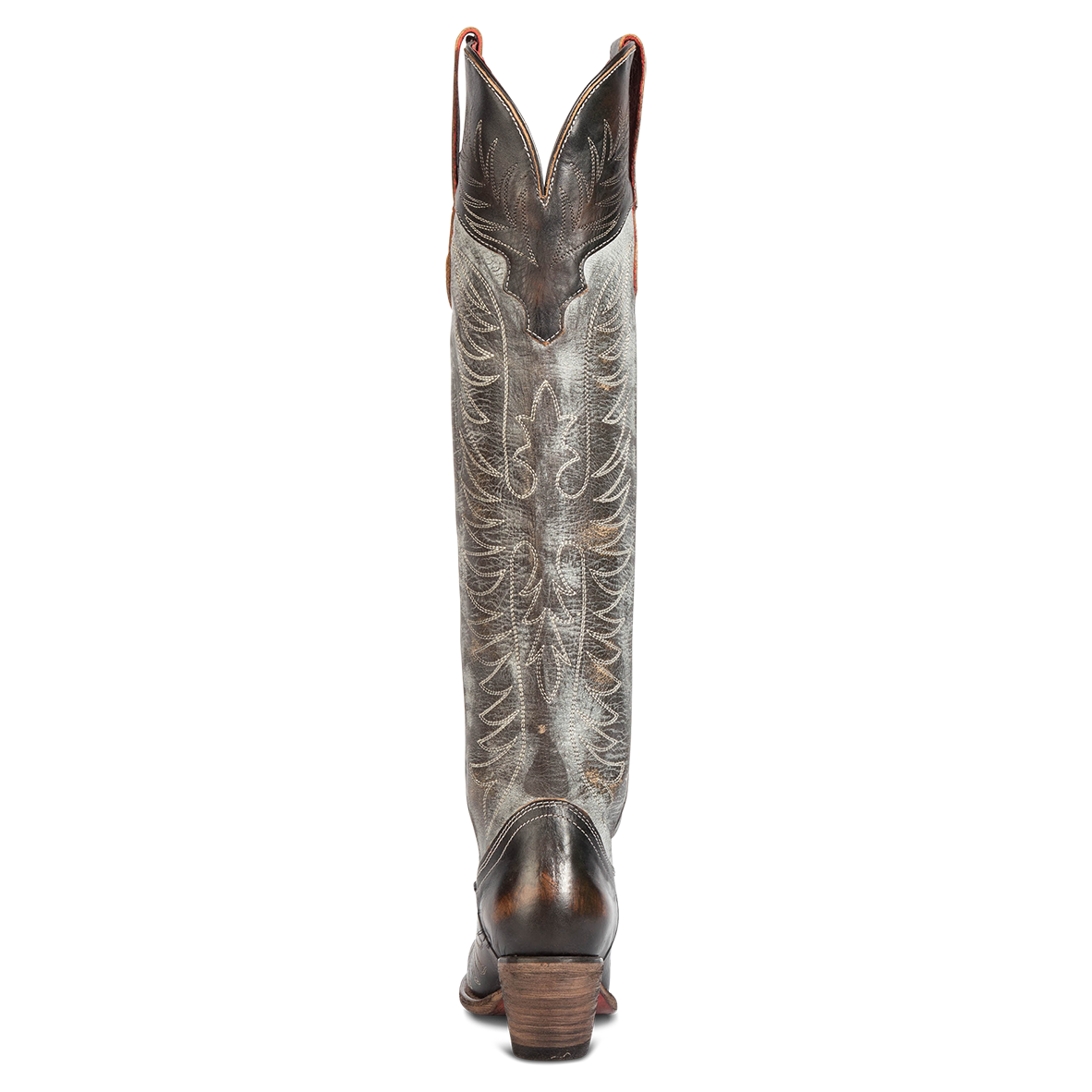 Back view showing v-dip and heel with western stitch detailing on FREEBIRD women's Misty ice multi leather tall western boot