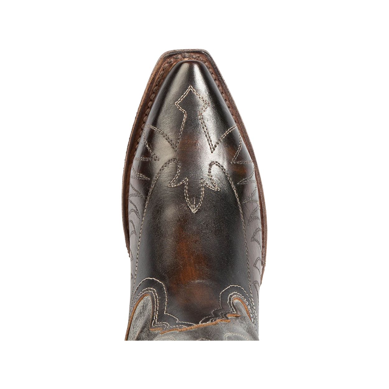 Top view showing snip toe construction with stitch detailing on FREEBIRD women's Misty ice multi leather tall western boot