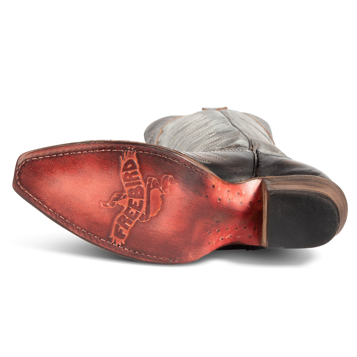 Leather sole imprinted with FREEBIRD on women's Misty ice multi leather tall western boot