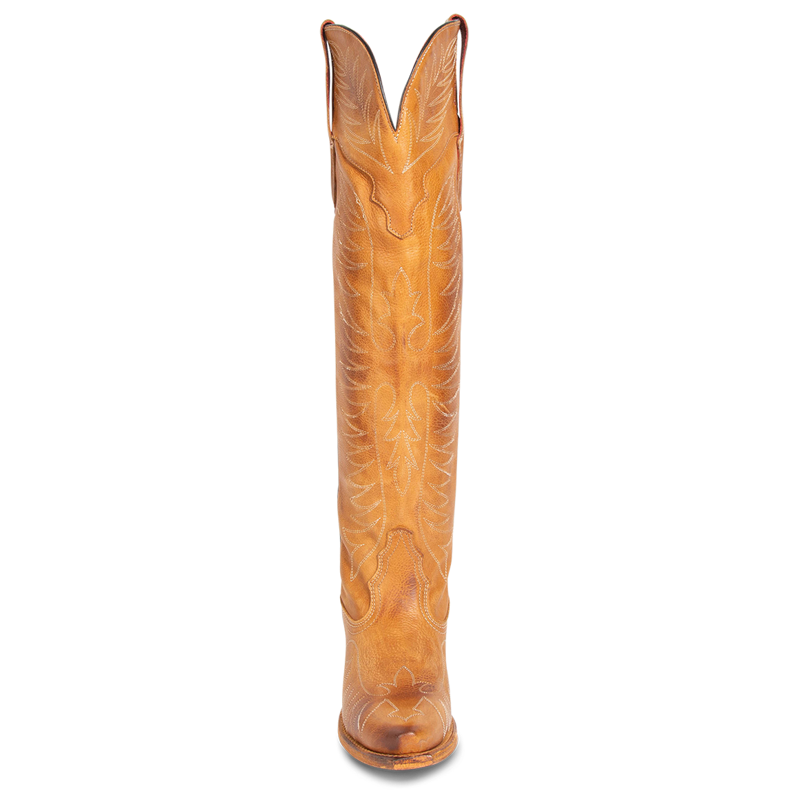 Front view showing tall shaft with stitch detailing and v-dip on FREEBIRD women's Misty wheat leather tall western boot