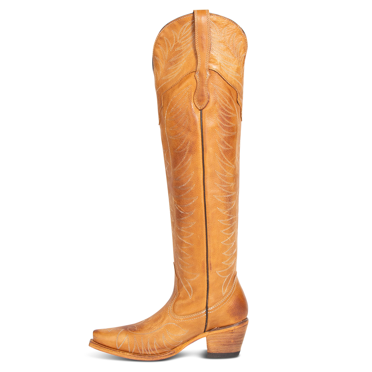 Side view showing western stitch detailing on FREEBIRD women's Misty wheat leather tall western boot
