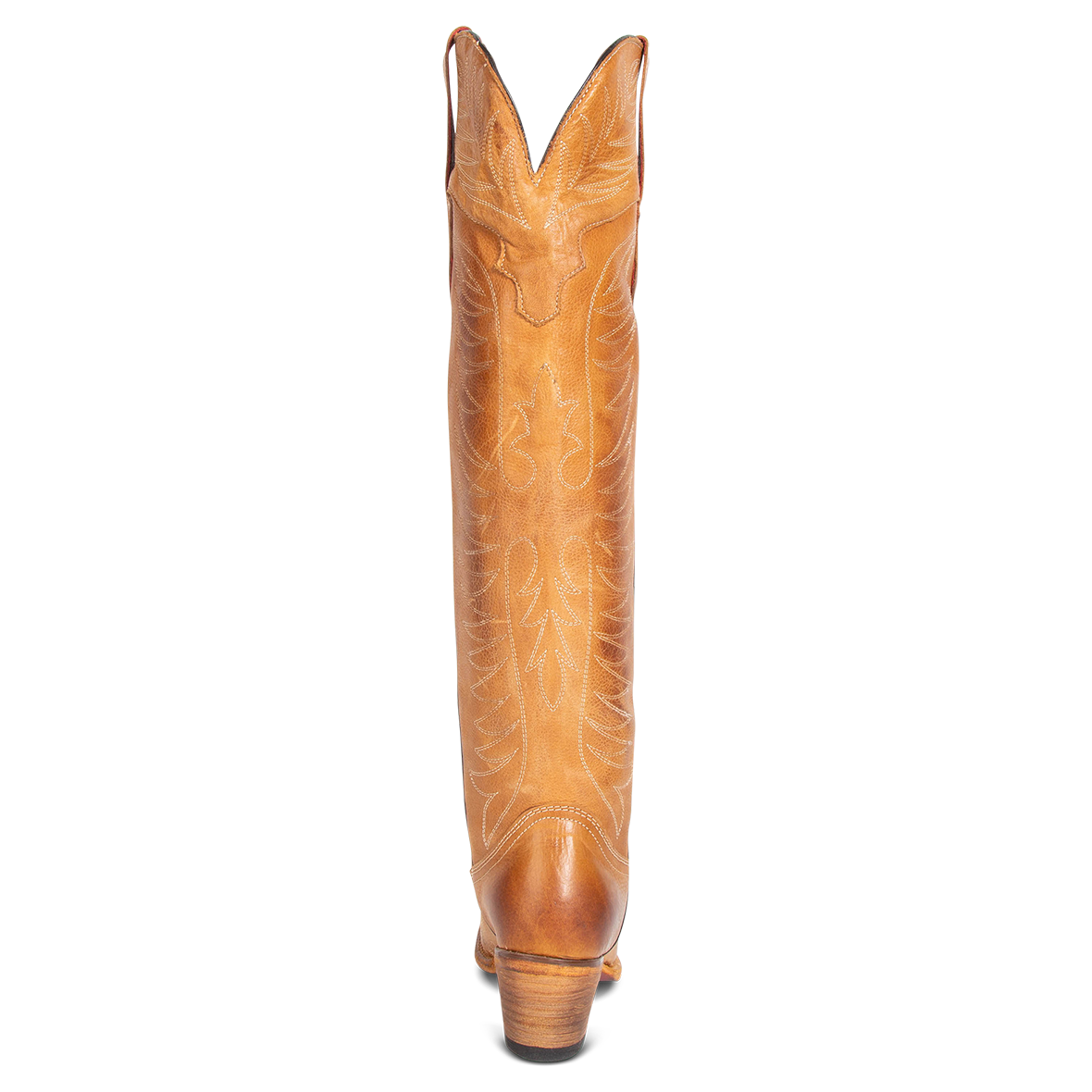 Back view showing v-dip and heel with western stitch detailing on FREEBIRD women's Misty wheat leather tall western boot