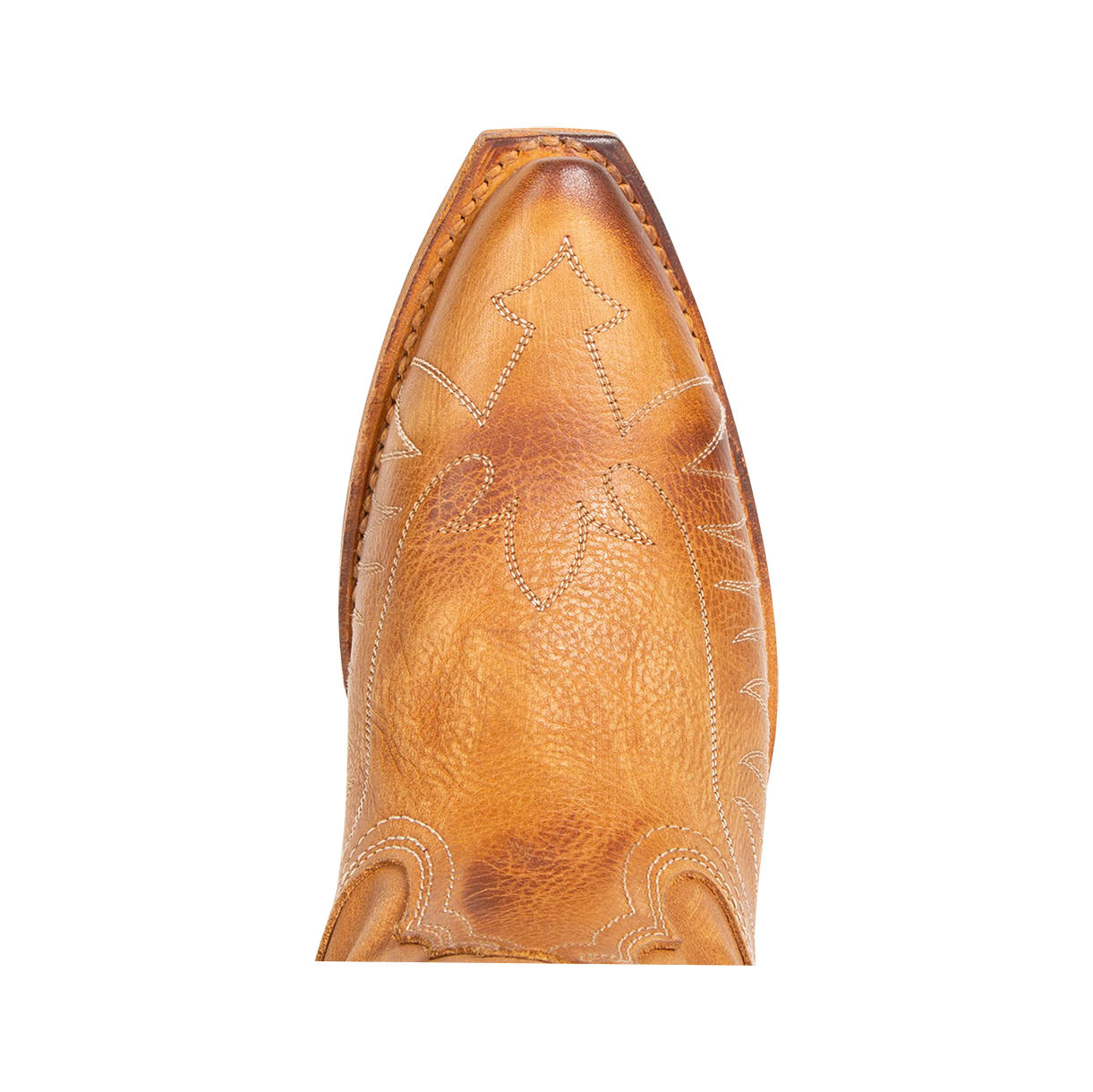 Top view showing snip toe construction with stitch detailing on FREEBIRD women's Misty wheat leather tall western boot