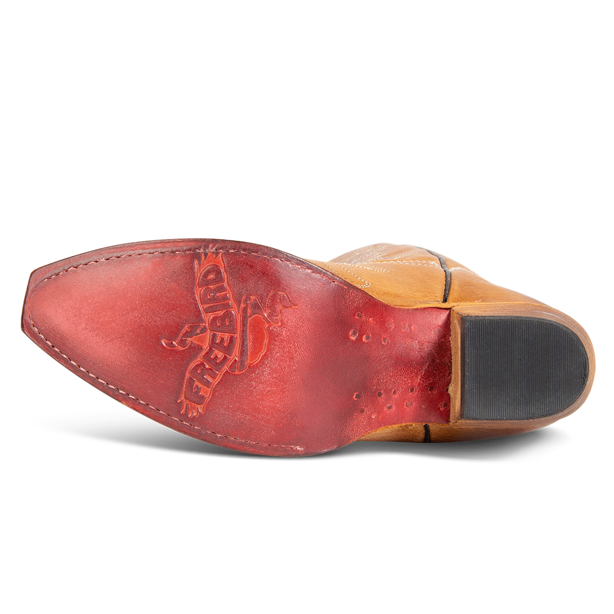Leather sole imprinted with FREEBIRD on women's Misty wheat leather tall western boot