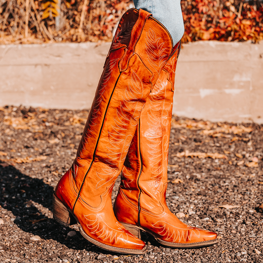 FREEBIRD women's Misty whiskey leather tall boot with western stitch detailing and traditional snip toe construction
