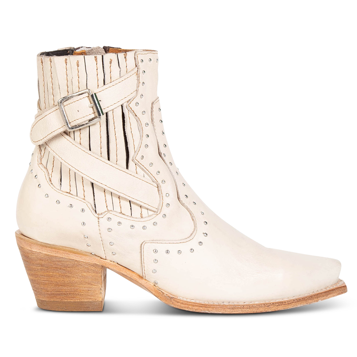 FREEBIRD women's Morgan beige leather ankle bootie with silver stud embellishments, gore detailing, and buckle straps