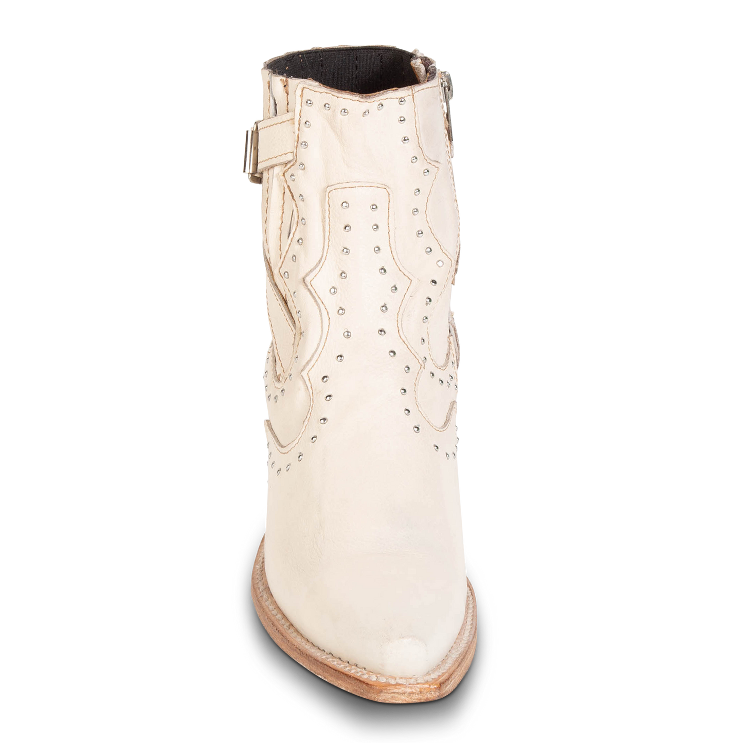 Front view showing pointed snip toe on FREEBIRD women's Morgan beige leather ankle bootie