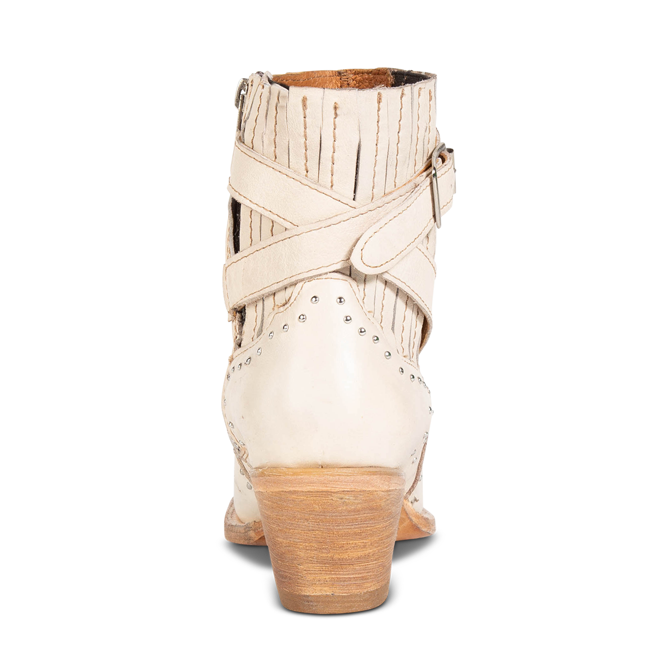 Back view showing wooden heel, gore detailing, and buckle straps on FREEBIRD women's Morgan beige leather ankle bootie