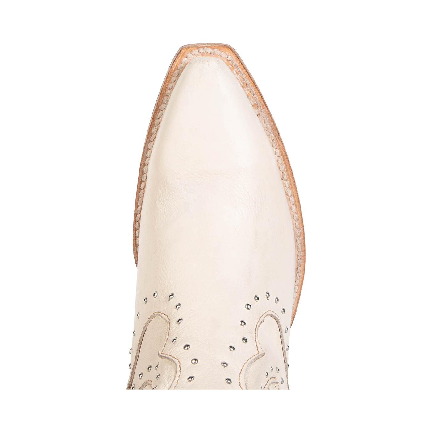 Top view showing pointed snip toe on FREEBIRD women's Morgan beige leather ankle bootie