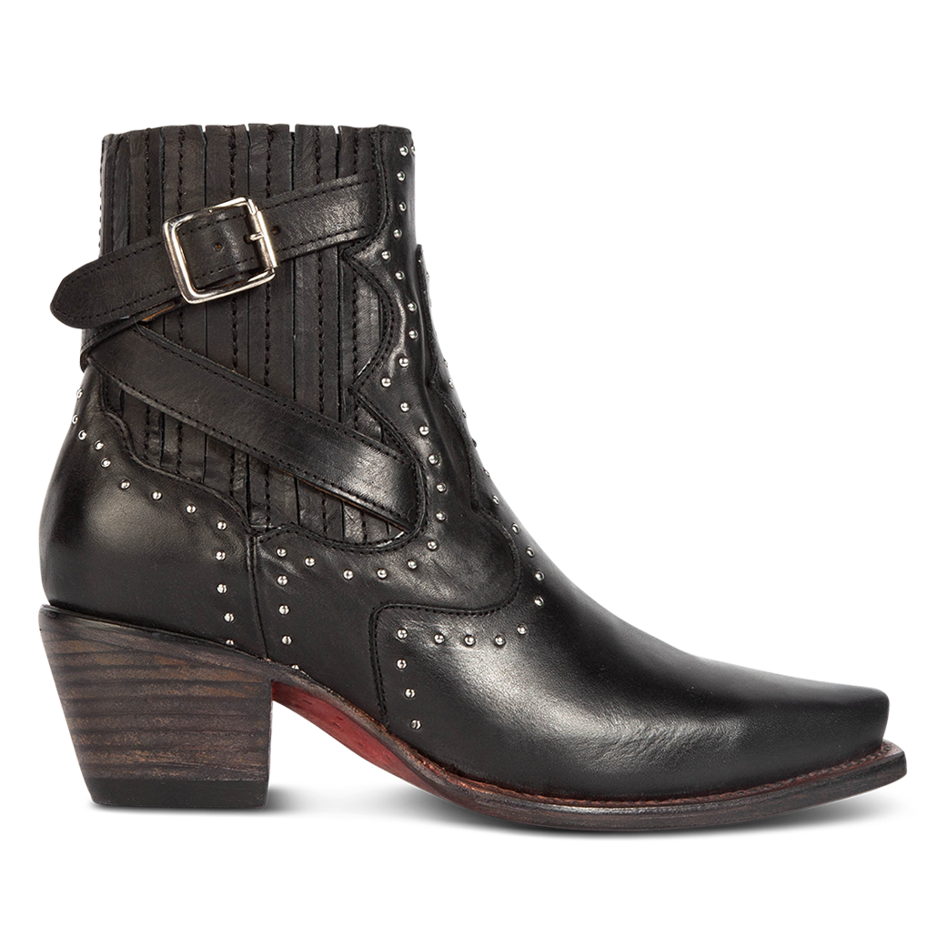 FREEBIRD women's Morgan black leather ankle bootie with silver stud embellishments, gore detailing, and buckle straps